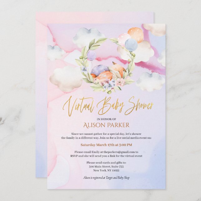 Convite Fairytale Fox Pink Sky Dream | Chá de fraldas virt (Frente/Verso)