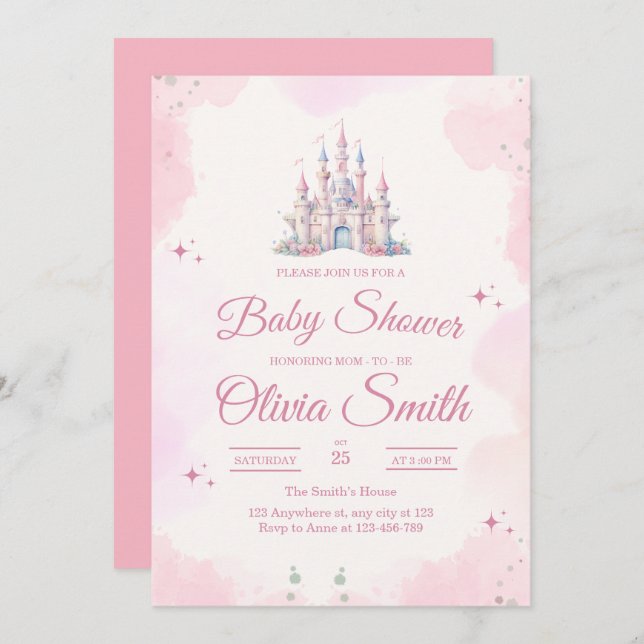 Convite Fairytale Girl Baby Shower, Princess Baby Shower (Frente/Verso)