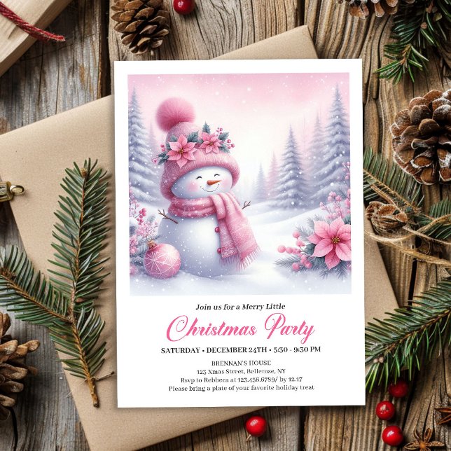 Convite Fairytale Pink Snowman Editable Christmas Kids  (Fairytale Pink Snowman Editable Christmas Kids Party Invite)