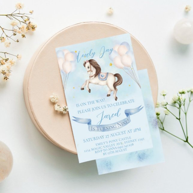 Convite Fairytale Pony Stars Blue Balloons Festa de aniver (Criador carregado)