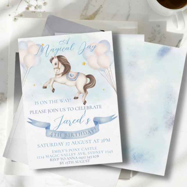 Convite Fairytale Pony Stars Blue Balloons Festa de aniver (Criador carregado)