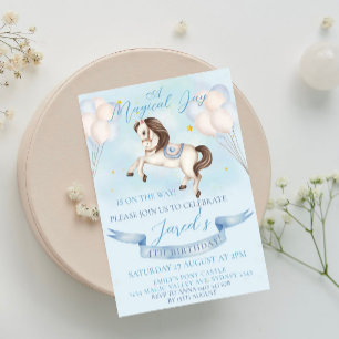 Convite Fairytale Pony Stars Blue Balloons Festa de aniver