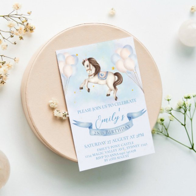 Convite Fairytale Pony Stars Blue Balloons Festa de aniver (Criador carregado)