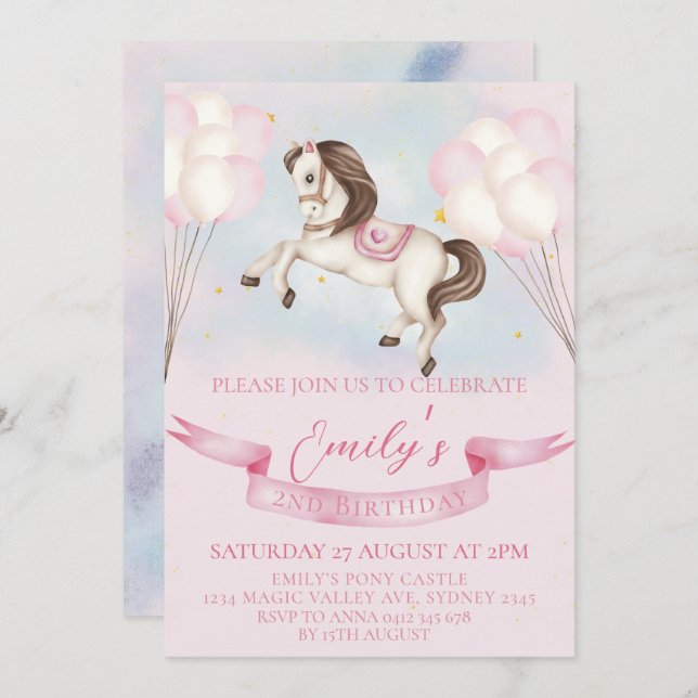 Convite Fairytale Pony Stars Pinky Balloons Festa de anive (Frente/Verso)