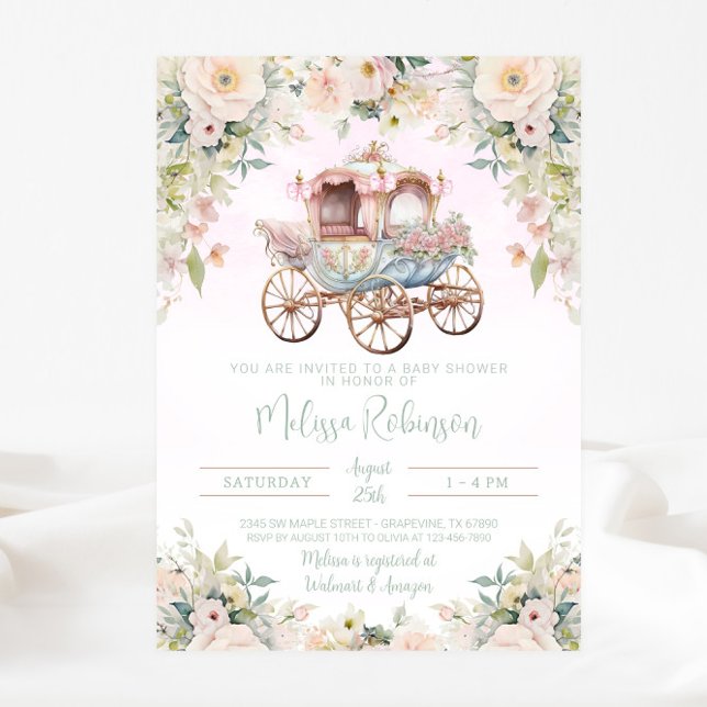 Convite Fairytale Princesa Carruagem Garota Watercolor Flo (Beautiful fairytale princess carriage baby shower invitation. Simply add your event details.)