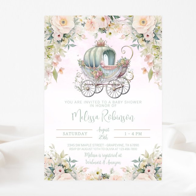 Convite Fairytale Princesa Carruagem Girl Watercolor (Beautiful fairytale baby carriage invitation. Simply add your event details. )