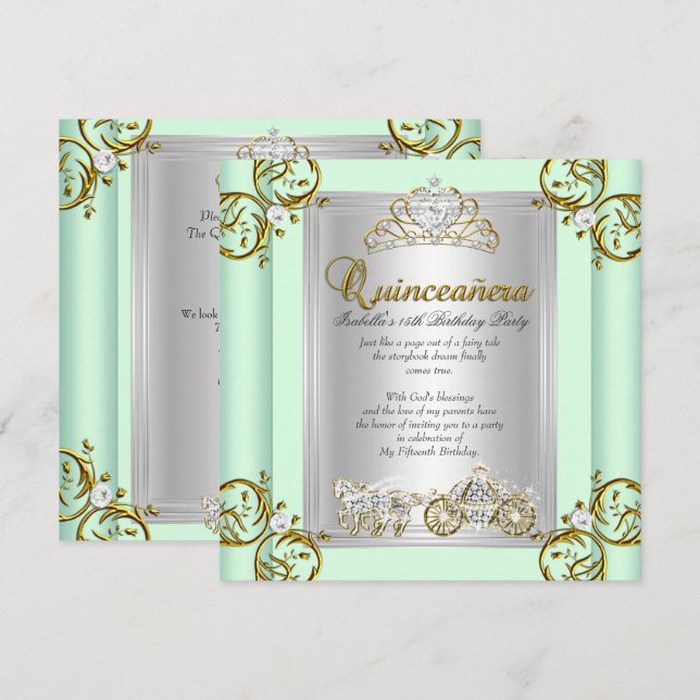 Convite Fairytale Quinceanera 15 Birthday Mint Green (Frente/Verso)