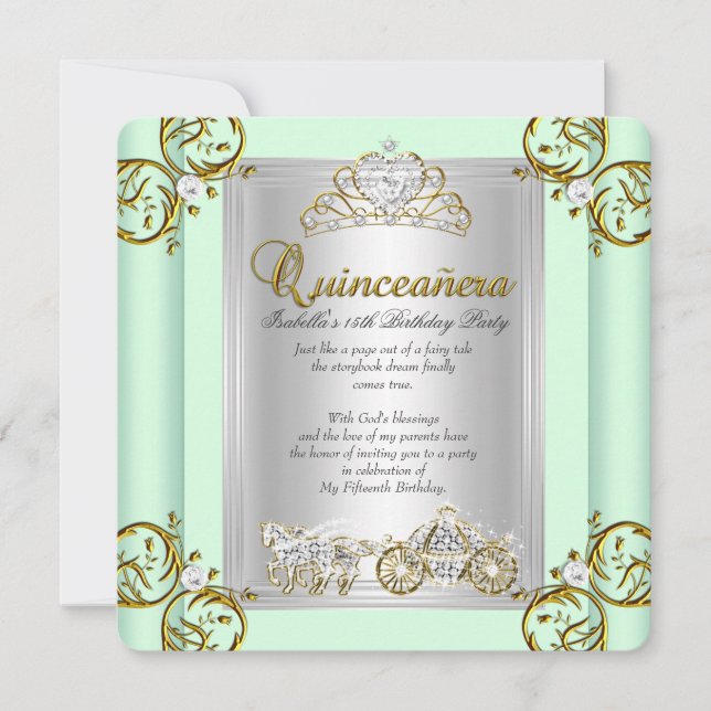 Convite Fairytale Quinceanera 15 Birthday Mint Green (Frente)