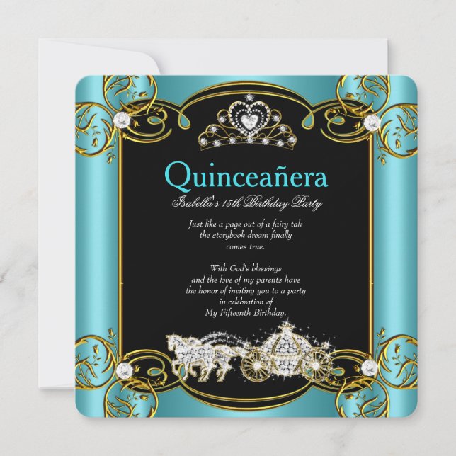 Convite Fairytale Quinceanera 15 Birthday Teal Blue (Frente)