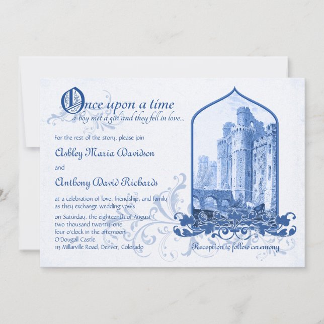 Convite Fairytale Royal Blue Castle Uma Vez Em Casamento (Frente)