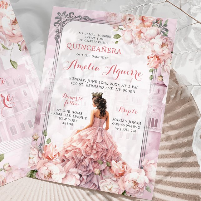 Convite Fairytale Royal Castle Blush Pink Quinceañera (Criador carregado)