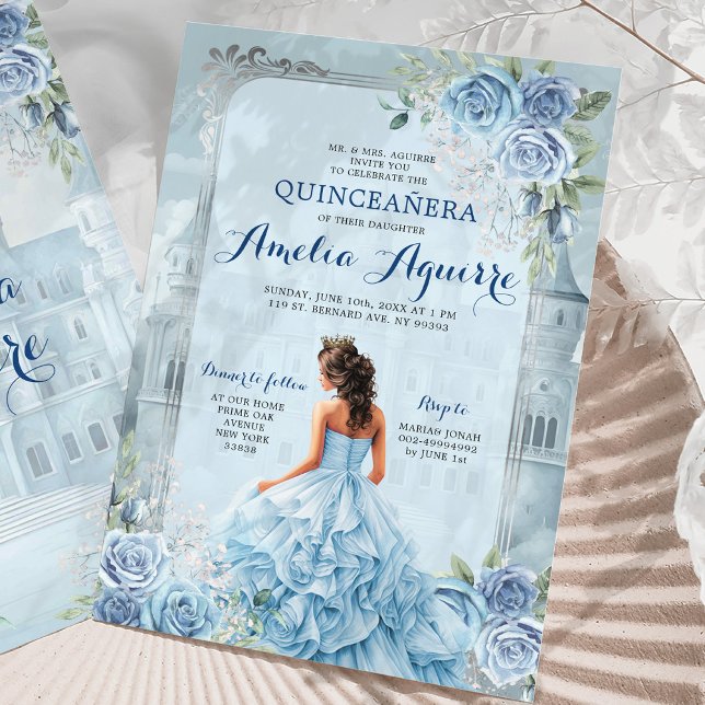 Convite Fairytale Royal Castle Light Blue Quinceañera (Criador carregado)