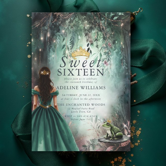 Convite Fairytale Sapo da Princesa Encantada Sweet 16 (sweet sixteen birthday party invitations enchanted forest princess frog prince emerald green pink)