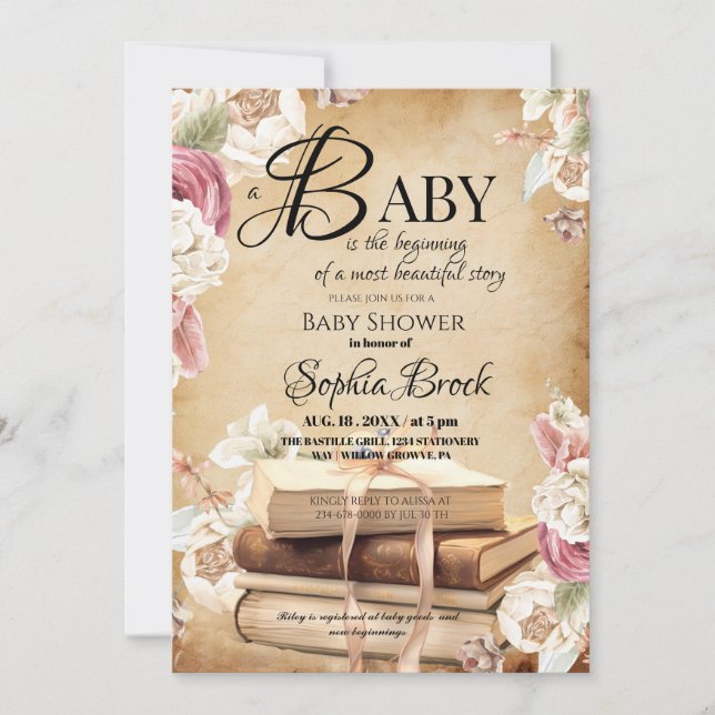 Convite Fairytale Story Book Flower Baby Shower  (Frente)