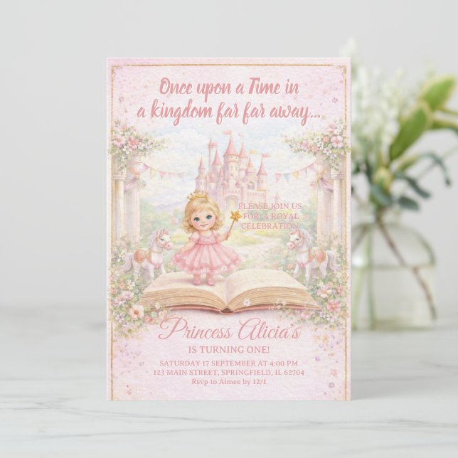 Convite Fairytale Storybook Princess First Birthday  (Em pé/Frente)