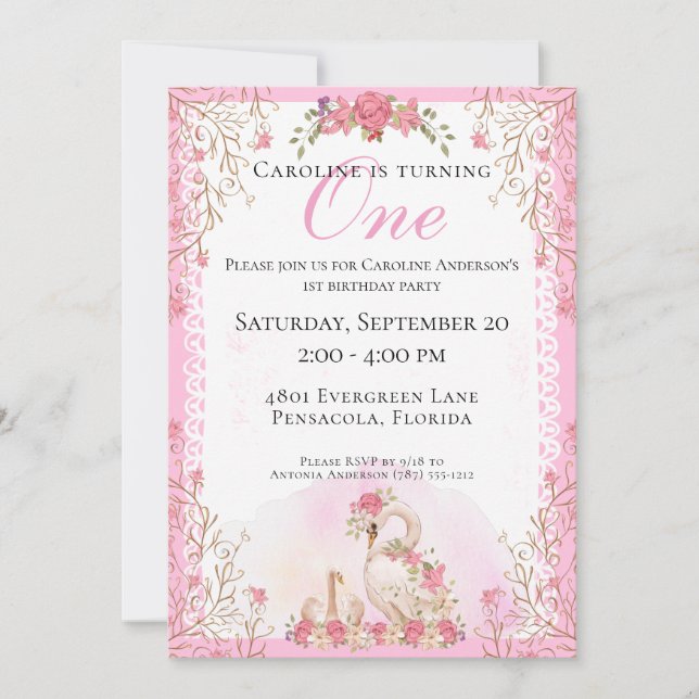 Convite Fairytale Swans Pink Floral (Frente)