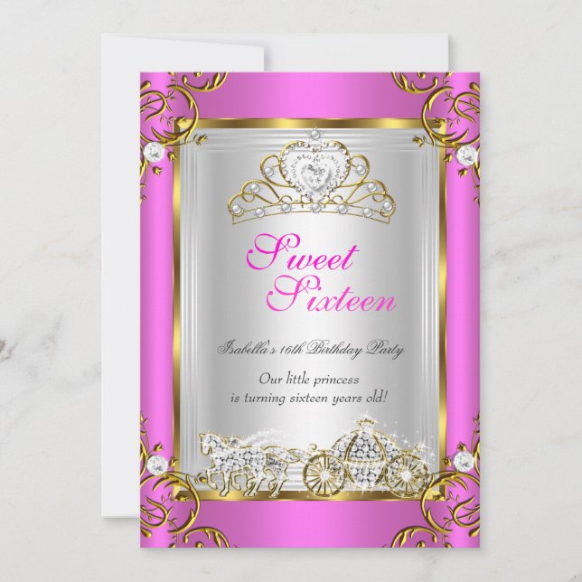 Convite Fairytale Sweet 16 16th Birthday Hot Pink Dourado (Frente)