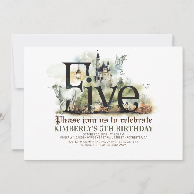 Convite Fairytale Unicorn Dragon Magic Castle 5 Birthday (Frente)