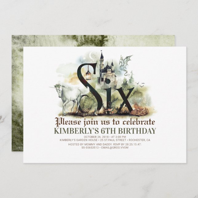 Convite Fairytale Unicorn Dragon Magic Castle 6 Aniversári (Frente/Verso)