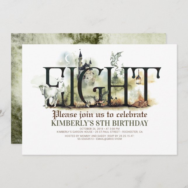 Convite Fairytale Unicorn Dragon Magic Castle 8.º Aniversá (Frente/Verso)
