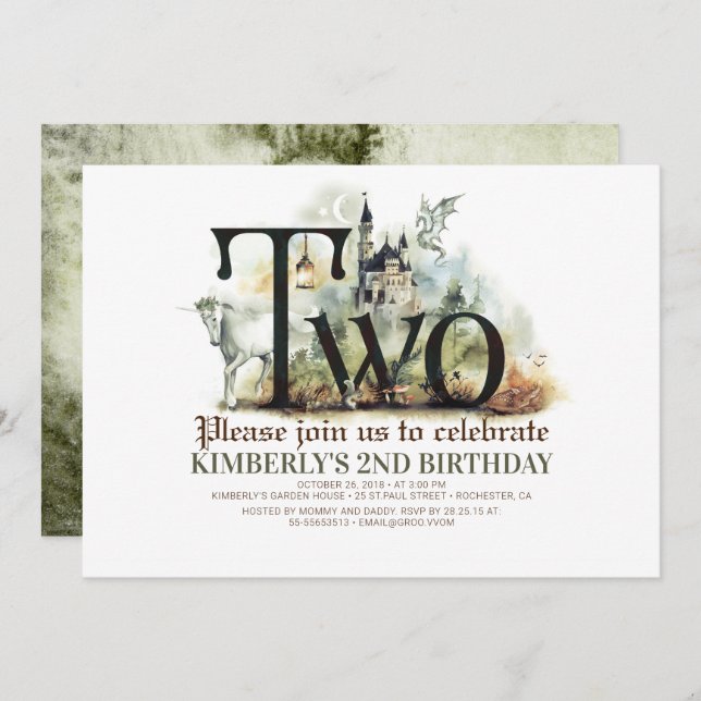 Convite Fairytale Unicorn Dragon Magic Castle segundo aniv (Frente/Verso)