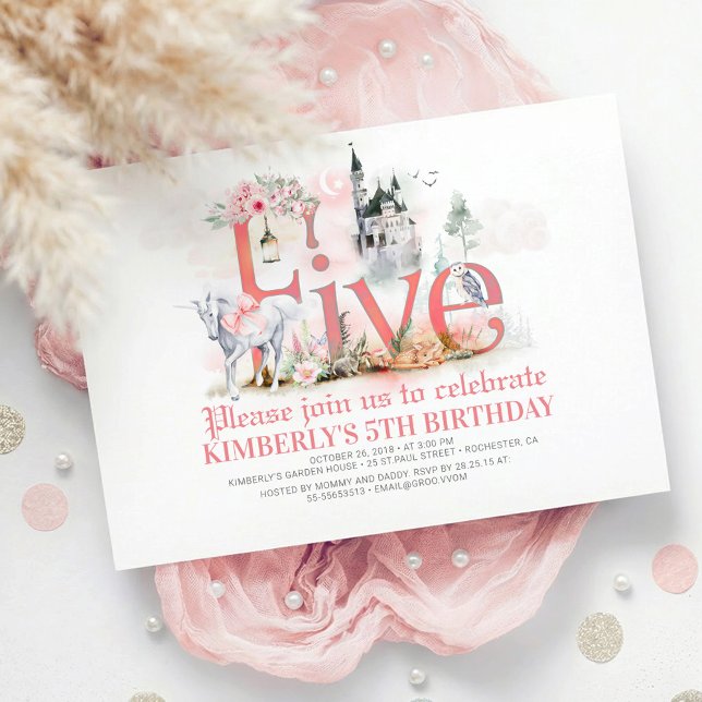 Convite Fairytale Unicorn Princess Castle 5 Birthday (5th Birthday Invitation with Fairytale Creatures Enchanted Castle and dragon with unicorn)
