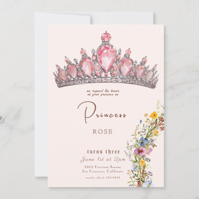 Convite Fairytalt Princesa Coroa Rosa e Dourado Aniversári (Frente)