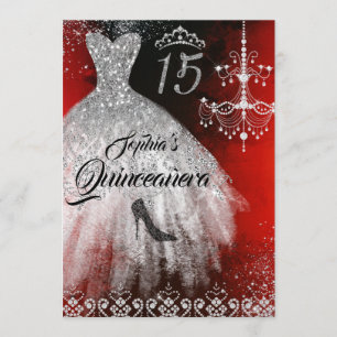Convite Faísca Diamante Vestido Red Silver Black Quinceane