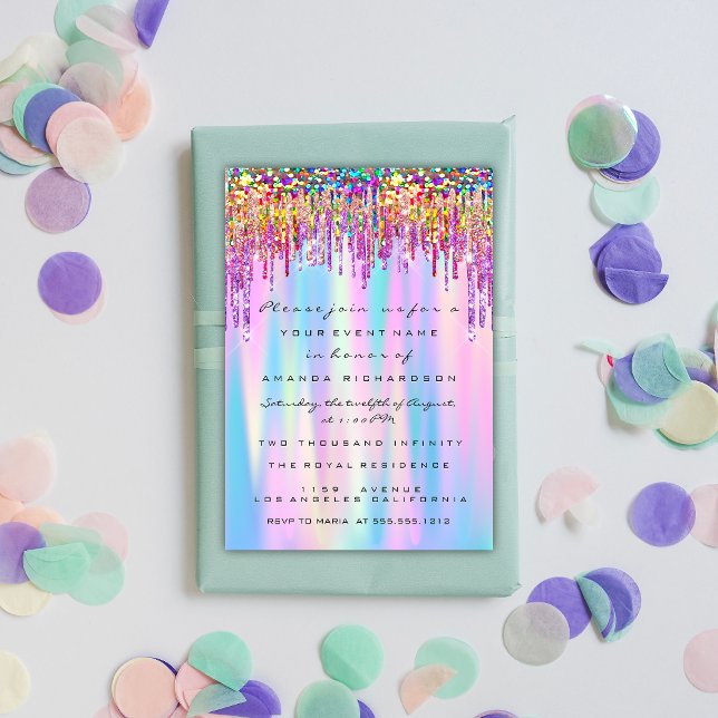 Convite Faísca e brilho com a sujeira do Arco-Íris (Rainbow Glitter Drip Bridal Sweet 16th Holographic Invitation)