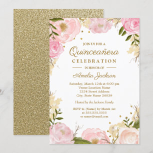 Convite Faísca Quinceanera Dourado cor-de-rosa floral