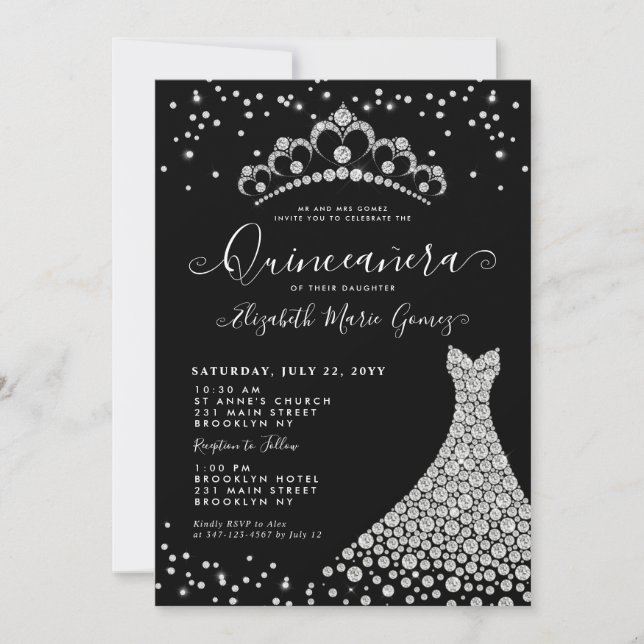 Convite Faísca Silver Diamante Negro Tiara Quinceanera (Frente)