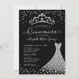 Convite Faísca Silver Diamante Negro Tiara Quinceanera