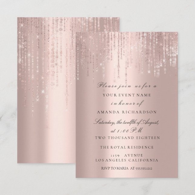 Convite Faíscas Brilho Gotas Rosa Casamento  Chuveiro de N (Frente/Verso)