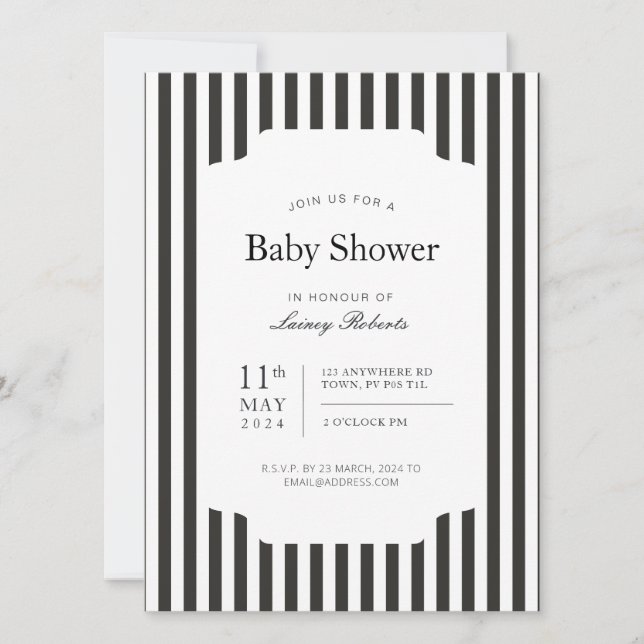 Convite Faixa Estreita de doce vertical, preto e branco (Frente)