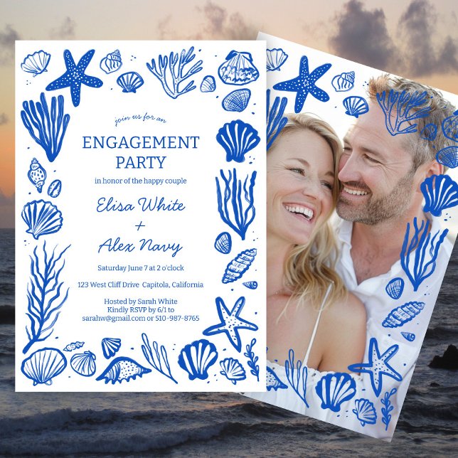 Convite FAIXA PERSONALIZADA DA Praia do Noivado de Frame (Seashells Frame Engagement Beach CUSTOM PHOTO Invitation
)