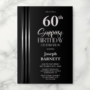 Convite Faixa Prateada Preta Cinza 60º Aniversário Surpres