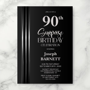 Convite Faixa Prateada Preta Cinza 90º Aniversário Surpres
