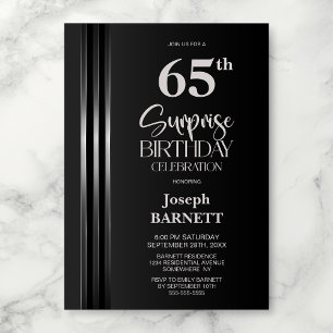 Convite Faixa Prateada Preto Cinza 65º Aniversário Surpres