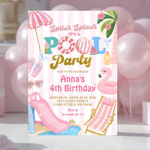 Convite Faixa Rosa Festa na piscina aniversário da menina