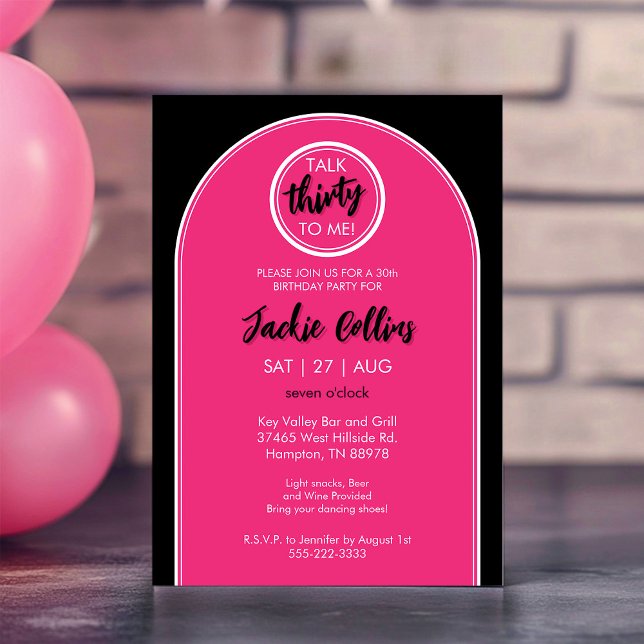 Convite Fale 30 comigo, aniversário de 30 anos (Talk 30 To Me Hot Pink and Black 30th Birthday Party Invitation)