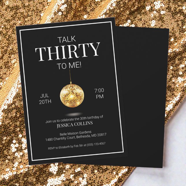 Convite Fale 30 para mim, preto e Dourado aniversário de 3 (Talk Thirty to Me Black and Gold 30th Birthday Invitation)