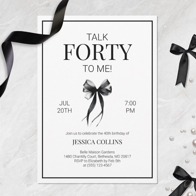 Convite Fale 40 para mim Festa Elegante do aniversário de  (Talk Forty to Me Elegant Bow 40th Birthday Party Invitation)