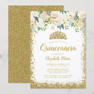 Convite Falência Floral Branca Dourada Lítida Tiara Quin