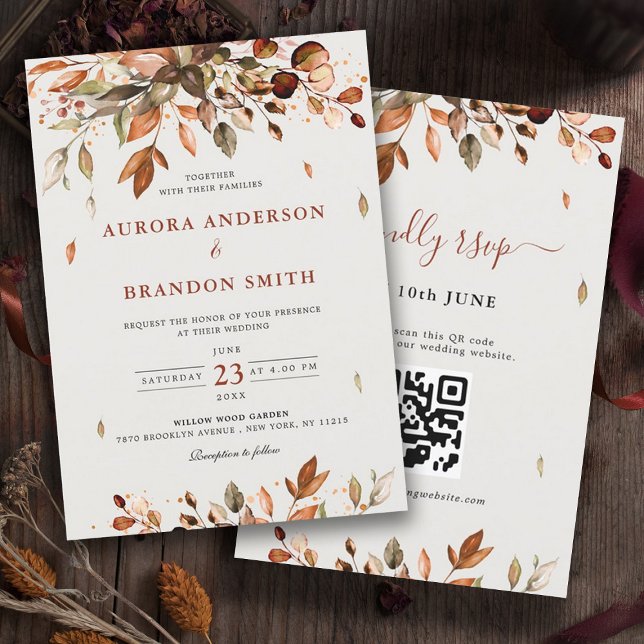 Convite Fall Autumn Deixa O País Russo Boho Casado Em (Fall Autumn leaves wedding invitation with QR code RSVP on back)