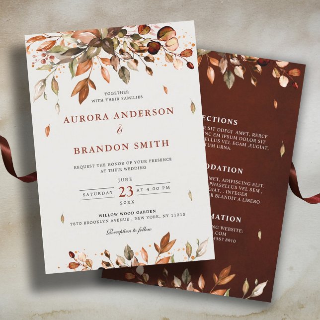 Convite Fall Autumn Deixa O País Russo Boho Casado Em (Fall wedding invitation with details on back)