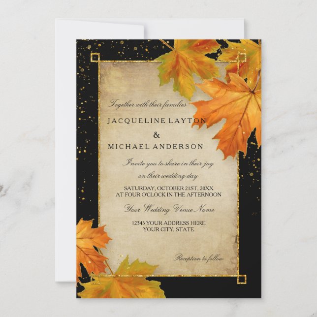 Convite Fall Autumn Falling Leaf Deixa Casamento Elegante (Frente)