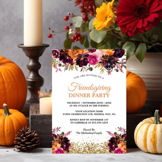Convite Fall Autumn Floral Dourada Glitter Friendly (Fall Autumn Floral Gold Glitter Friendsgiving Invitation
)
