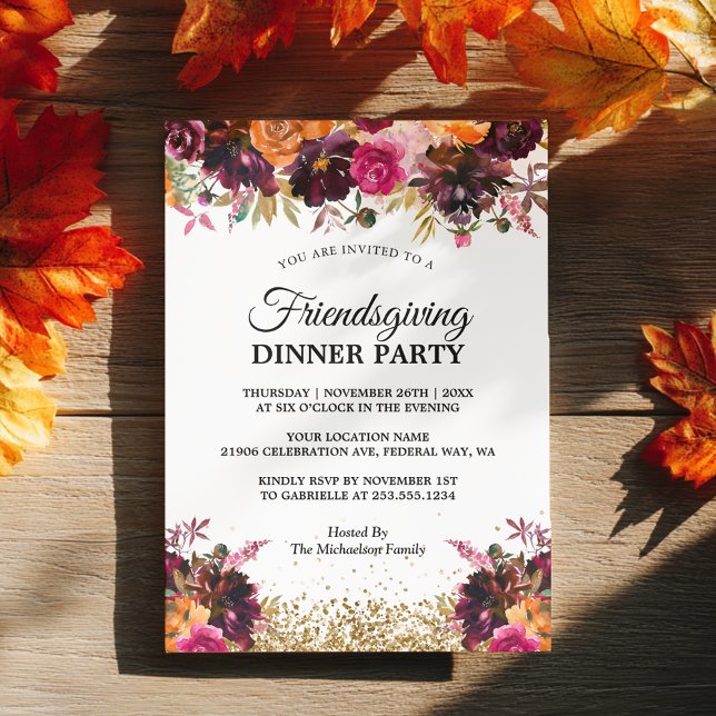 Convite Fall Autumn Floral Dourada Glitter Friendly (Fall Autumn Floral Gold Glitter Friendsgiving Invitation)