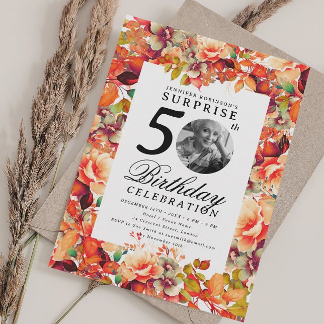 Convite Fall Autumn Floral Photo SURPRISE 50th Birthday  (Fall Autumn Floral Photo SURPRISE 50th Birthday Invitation)