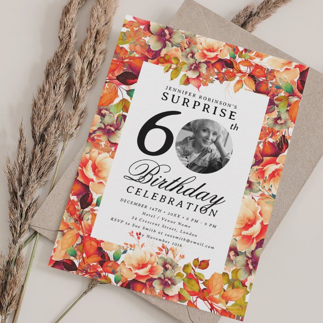 Convite Fall Autumn Floral Photo SURPRISE 60º Aniversário (Fall Autumn Floral Photo SURPRISE 60th Birthday Invitation)